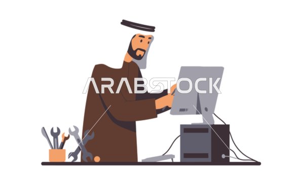 The concept of masculinity and self-confidence, an Arab Gulf Emirati man wearing a kandura and ghutra standing straight, elegance and interest in outward appearance, white background, vector illustrator