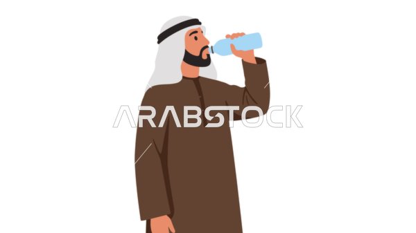 أهمية شرب الماء النقي للمحافظة على بشرة نضرة، المحافظة على سلامة الجهاز المناعي، التخلص من سموم الجسم, رجل عربي خليجي إماراتي يرتدي الكندورة والغترة يقوم بشرب الماء، الأناقة والاهتمام بالمظهر الخارجي، خلفية بيضاء، فيكتور اليستريتور