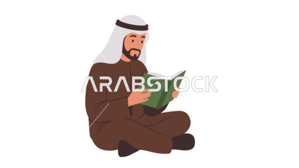 Spending free time learning and educating, love of reading, concept of masculinity and self-confidence, an Arab Gulf Emirati man wearing a kandura and ghutra reading with gestures of concentration, elegance and interest in outward appearance, white background, Illustrator vector
