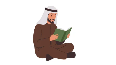 Spending free time learning and educating, love of reading, concept of masculinity and self-confidence, an Arab Gulf Emirati man wearing a kandura and ghutra reading with gestures of concentration, elegance and interest in outward appearance, white background, Illustrator vector