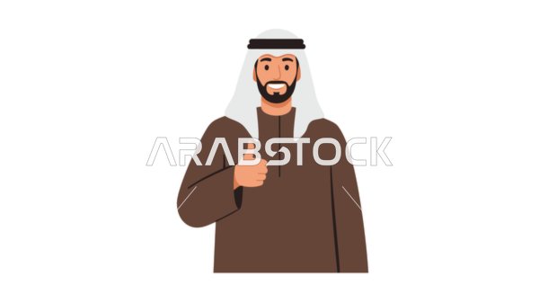 ايماءات الاعجاب والرضى والقبول، مفهوم الرجولة والثقة بالنفس, رجل عربي خليجي إماراتي يرتدي الكندورة والغترة يرفع اصبع الابهام، الأناقة والاهتمام بالمظهر الخارجي، خلفية بيضاء، فيكتور اليستريتور