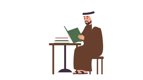 تمضية أوقات الفراغ بالتعلم والتثقيف، حب المطالعة والقراءة، مفهوم الرجولة والثقة بالنفس, رجل عربي خليجي إماراتي يرتدي الكندورة والغترة يقرا بايماءات التركيز، الأناقة والاهتمام بالمظهر الخارجي، خلفية بيضاء، فيكتور اليستريتور