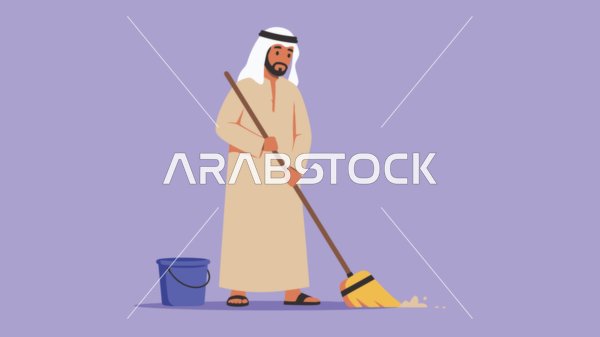 أدوات التنظيف المنزلية، المساعدة في الأعمال في المنزل, رجل عربي خليجي إماراتي يرتدي الكندورة والغترة يقوم باستخدام المكنسة، الأناقة والاهتمام بالمظهر الخارجي، خلفية بنفسجية، فيكتور اليستريتور