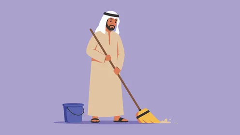 أدوات التنظيف المنزلية، المساعدة في الأعمال في المنزل, رجل عربي خليجي إماراتي يرتدي الكندورة والغترة يقوم باستخدام المكنسة، الأناقة والاهتمام بالمظهر الخارجي، خلفية بنفسجية، فيكتور اليستريتور