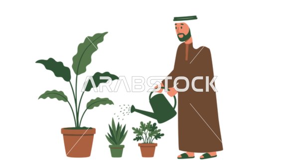 Green planting, concept of masculinity and self-confidence, an Emirati Gulf Arab man wearing a kandura and ghutra planting a seedling, elegance and interest in outward appearance, white background, vector illustrator