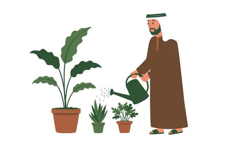 Green planting, concept of masculinity and self-confidence, an Emirati Gulf Arab man wearing a kandura and ghutra planting a seedling, elegance and interest in outward appearance, white background, vector illustrator