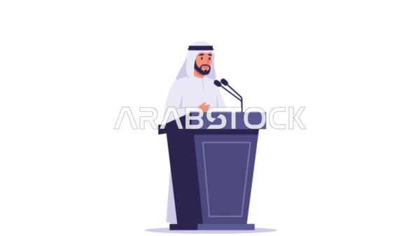 Presenting and discussing ideas, exchanging dialogues and effective communication, the concept of masculinity and self-confidence, an Arab Gulf Emirati man wearing a kandura and ghutra holding a microphone, elegance and interest in external appearance, white background, Illustrator vector