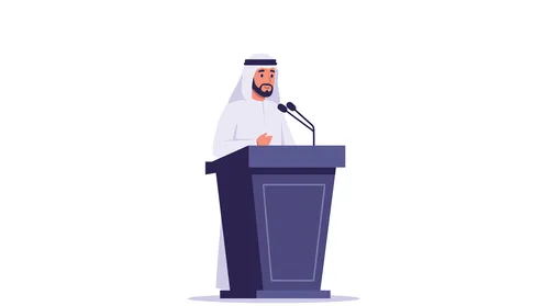 تقديم الأفكار ومناقشتها، تبادل الحوارات والتواصل الفعال، مفهوم الرجولة والثقة بالنفس, رجل عربي خليجي إماراتي يرتدي الكندورة والغترة يحمل بيده المايك، الأناقة والاهتمام بالمظهر الخارجي، خلفية بيضاء، فيكتور اليستريتور