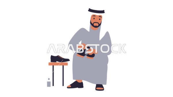 Repairing damaged shoes, an Arab Gulf Emirati shoemaker wearing a kandura and a ghutra holding a kandura in his hand, white background, Illustrator vector
