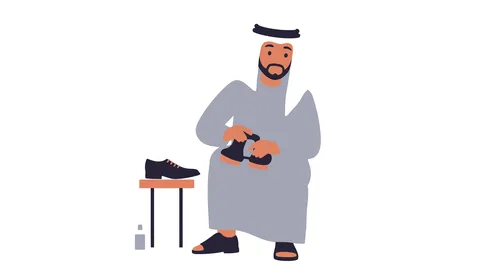 Repairing damaged shoes, an Arab Gulf Emirati shoemaker wearing a kandura and a ghutra holding a kandura in his hand, white background, Illustrator vector