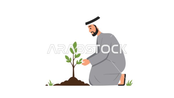 Green planting, concept of masculinity and self-confidence, an Emirati Gulf Arab man wearing a kandura and ghutra planting a seedling, elegance and interest in outward appearance, white background, vector illustrator