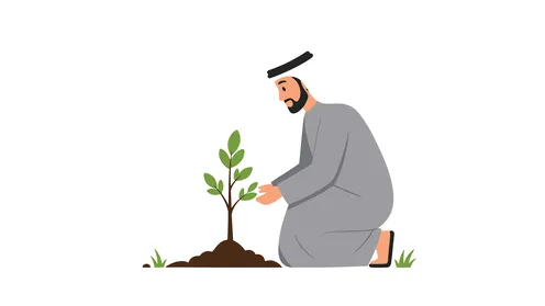 زراعة النباتات الخضراء، مزارع  عربي خليجي إماراتي يرتدي الكندورة والغترة يقوم بغرس الشتلة، خلفية بيضاء، فيكتور اليستريتور