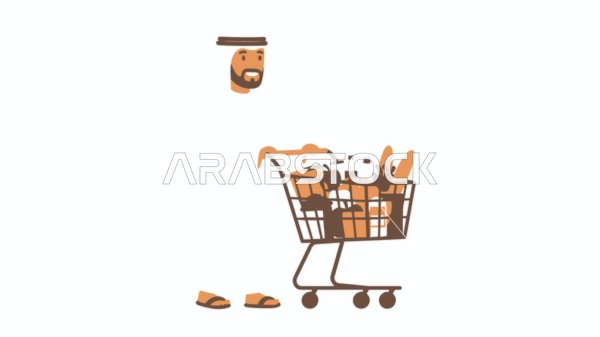 الاستمتاع بالتسوق في المولات والمراكز التجارية، شراء المستلزمات والحاجيات الضرورية،  رجل عربي خليجي إماراتي يرتدي الكندورة والغترة يقوم بجر عربة التسوق، الأناقة والاهتمام بالمظهر الخارجي، خلفية بيضاء، فيكتور اليستريتور