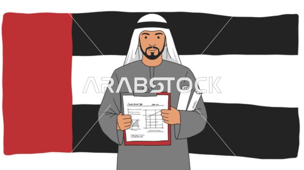 The concept of masculinity and self-confidence, an Arab Gulf Emirati man wearing a kandura and ghutra standing straight, elegance and interest in outward appearance, white background with the flag of the United Arab Emirates, vector illustrator