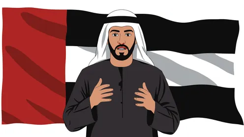 مفهوم الرجولة والثقة بالنفس, رجل عربي خليجي إماراتي يرتدي الكندورة والغترة يقف باستقامة، الأناقة والاهتمام بالمظهر الخارجي، خلفية بيضاء مع علم الامارات العربية المتحدة، فيكتور اليستريتور