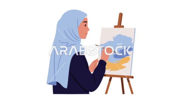 Using watercolors, entertainment, fun and having a good time, a veiled Saudi Arabian Gulf woman wearing an abaya drawing, practicing her favorite hobby, white background, vector illustrator