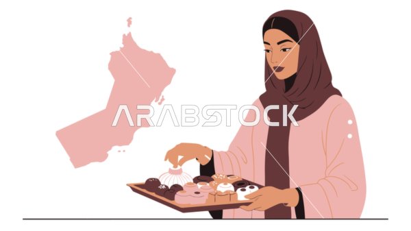 مأكولات غنية بالسكريات والسعرات الحرارية, الاستمتاع بالأطعمة اللذيذة والحلويات, الاهتمام بالمظهر الخارجي, رسوم كرتونية لشخصية امرأة عربية خليجية سعودية محجبة ترتدي العباءة تحمل بيدها طبق من الحلو, خلفية بيضاء, فيكتور اليستريتور