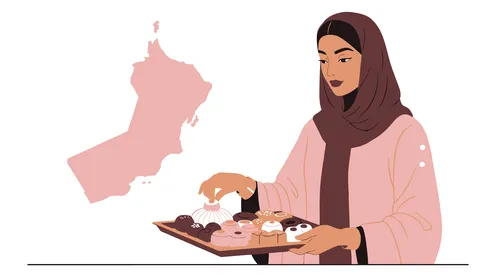 مأكولات غنية بالسكريات والسعرات الحرارية, الاستمتاع بالأطعمة اللذيذة والحلويات, الاهتمام بالمظهر الخارجي, رسوم كرتونية لشخصية امرأة عربية خليجية سعودية محجبة ترتدي العباءة تحمل بيدها طبق من الحلو, خلفية بيضاء, فيكتور اليستريتور