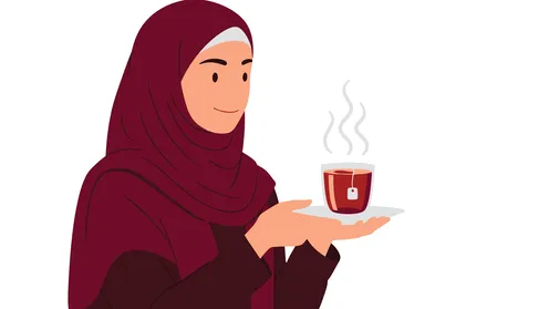 Sipping hot drinks and warm winter herbs, a veiled Saudi Arabian Gulf woman wearing an abaya drinking tea, white background, vector illustrator
