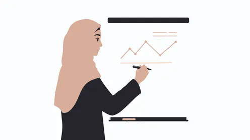 ضمان فهم واضح وشامل للاعمال, استخدام اللوح لتوضيح العمليات والاجراءات المتبعة في الشركة،, امرأة عربية خليجية سعودية محجبة ترتدي عباءة  تقوم بالشرح على السبورة,  خلفية بيضاء، فيكتور اليستريتور