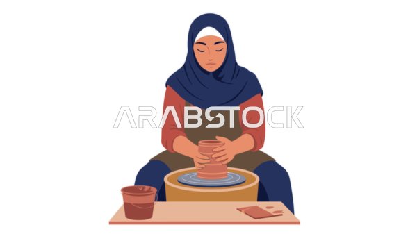 A popular craft and handicraft from the ancient Saudi heritage, making pottery pots and jars, a veiled Saudi Arabian Gulf woman wearing an abaya making pottery, white background, Illustrator vector