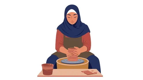 A popular craft and handicraft from the ancient Saudi heritage, making pottery pots and jars, a veiled Saudi Arabian Gulf woman wearing an abaya making pottery, white background, Illustrator vector