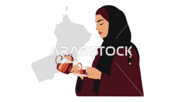 Sipping hot drinks and warm winter herbs, a veiled Saudi Arabian Gulf woman wearing an abaya drinking tea, white background, vector illustrator
