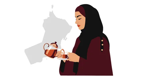 Sipping hot drinks and warm winter herbs, a veiled Saudi Arabian Gulf woman wearing an abaya drinking tea, white background, vector illustrator