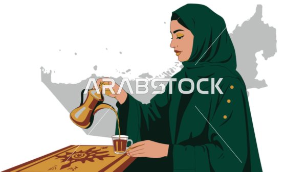 احتساء المشروب الساخن والمفضل, امرأة عربية خليجية سعودية محجبة تقوم بشرب القهوة,  منتج وطني محلي، خلفية بيضاء، فيكتور اليستريتور