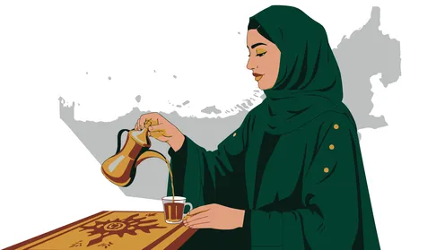 احتساء المشروب الساخن والمفضل, امرأة عربية خليجية سعودية محجبة تقوم بشرب القهوة,  منتج وطني محلي، خلفية بيضاء، فيكتور اليستريتور