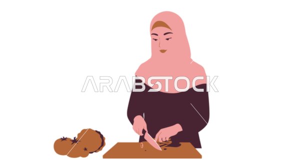 Preparing salads and healthy dishes, concept of a healthy diet, veiled Saudi Arabian Gulf woman cutting vegetables, white background, vector illustrator