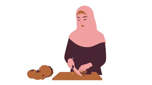 Preparing salads and healthy dishes, concept of a healthy diet, veiled Saudi Arabian Gulf woman cutting vegetables, white background, vector illustrator