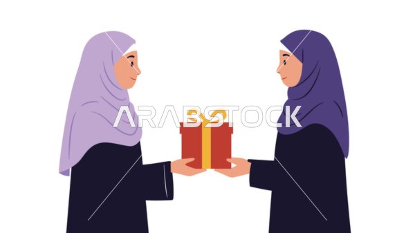 مفهوم الشكر والامتنان، تقديم الهدايا بالاعياد والمناسبات الخاصة، التعبير عن الحب والتقدير والاحترام،, امرأة عربية خليجية سعودية محجبة تحمل بيدها صندوق هدية، خلفية بيضاء، فيكتور اليستريتور