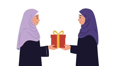 مفهوم الشكر والامتنان، تقديم الهدايا بالاعياد والمناسبات الخاصة، التعبير عن الحب والتقدير والاحترام،, امرأة عربية خليجية سعودية محجبة تحمل بيدها صندوق هدية، خلفية بيضاء، فيكتور اليستريتور