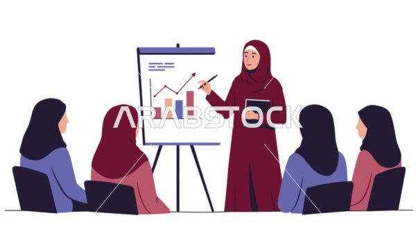 ضمان فهم واضح وشامل للاعمال, استخدام اللوح لتوضيح العمليات والاجراءات المتبعة في الشركة،, امرأة عربية خليجية سعودية محجبة ترتدي عباءة  تقوم بالشرح على السبورة,  خلفية بيضاء، فيكتور اليستريتور