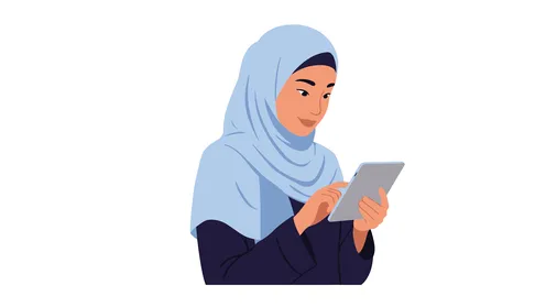 Business management and required tasks, remote work, using a modern and advanced technical device, a veiled Saudi Arabian Gulf woman holding a tablet in her hand, white background, Illustrator vector