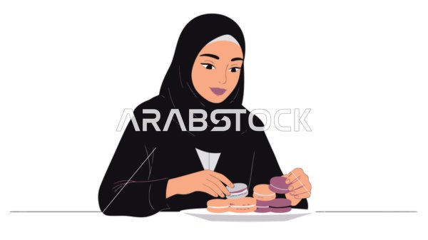 مأكولات غنية بالسكريات والسعرات الحرارية, الاستمتاع بالأطعمة اللذيذة والحلويات, الاهتمام بالمظهر الخارجي, رسوم كرتونية لشخصية امرأة عربية خليجية سعودية محجبة ترتدي العباءة تحمل بيدها طبق من الحلو, خلفية بيضاء, فيكتور اليستريتور