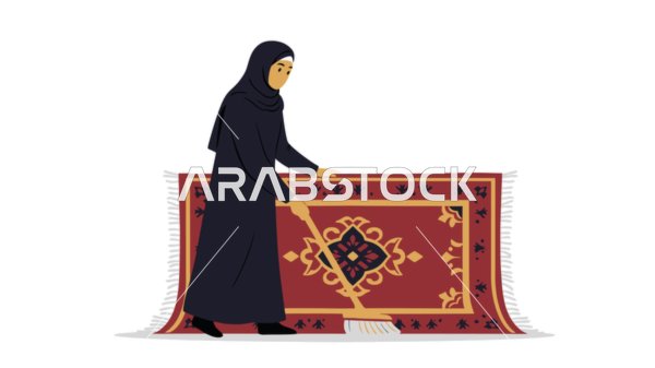 مفهوم التدبير المنزلي و القيام بالعمل الروتيني، القيام بالاعمال المنزلية، امرأة عربية خليجية سعودية محجبة ترتدي عباءة تقوم بترتيب المنزل, خلفية بيضاء، فيكتور اليستريتور