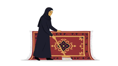 مفهوم التدبير المنزلي و القيام بالعمل الروتيني، القيام بالاعمال المنزلية، امرأة عربية خليجية سعودية محجبة ترتدي عباءة تقوم بترتيب المنزل, خلفية بيضاء، فيكتور اليستريتور