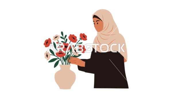 Concern for elegance and outward appearance, the concept of femininity and softness, a veiled Saudi Arabian Gulf woman wearing an abaya standing straight, white background, vector illustrator