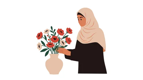 الاهتمام بالأناقة والمظهر الخارجي, مفهوم الأنوثة والنعومة, امرأة عربية خليجية سعودية محجبة ترتدي عباءة تقف باستقامة, خلفية بيضاء، فيكتور اليستريتور