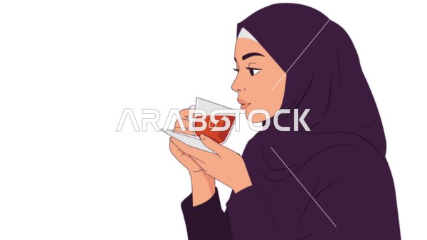 Sipping hot drinks and warm winter herbs, a veiled Saudi Arabian Gulf woman wearing an abaya drinking tea, white background, vector illustrator