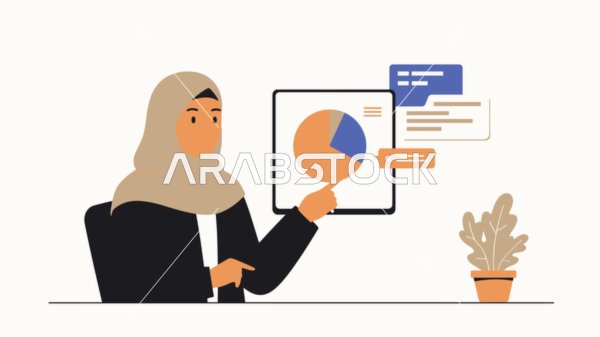 Using a modern and advanced technical device, working remotely, monitoring the economy and financial information, following a chart, a veiled Saudi Arabian Gulf woman showing a tablet screen, white background, vector illustrator