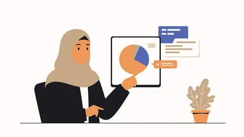 استخدام جهاز تقني حديث ومتطور، العمل عن بعد، مراقبة الإقتصاد والمعلومات المالية، متابعة مخطط الرسوم البيانية امرأة عربية خليجية سعودية محجبة تقوم بعرض شاشة الجهاز اللوحي، خلفية بيضاء، فيكتور اليستريتور