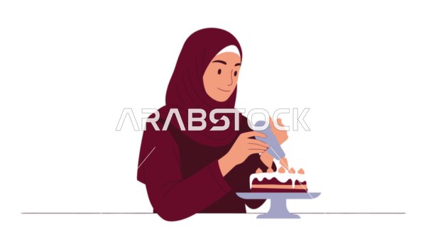 Foods rich in sugar and calories, enjoying delicious foods and sweets, taking care of one's appearance, cartoon of a veiled Saudi Arabian Gulf woman wearing an abaya holding a plate of sweets, white background, vector illustrator