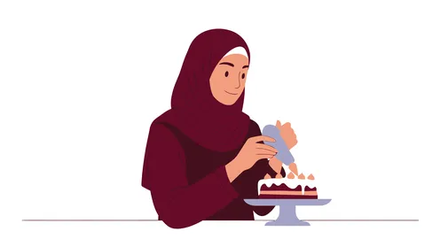 مأكولات غنية بالسكريات والسعرات الحرارية, الاستمتاع بالأطعمة اللذيذة والحلويات, الاهتمام بالمظهر الخارجي, رسوم كرتونية لشخصية امرأة عربية خليجية سعودية محجبة ترتدي العباءة تحمل بيدها طبق من الحلو, خلفية بيضاء, فيكتور اليستريتور