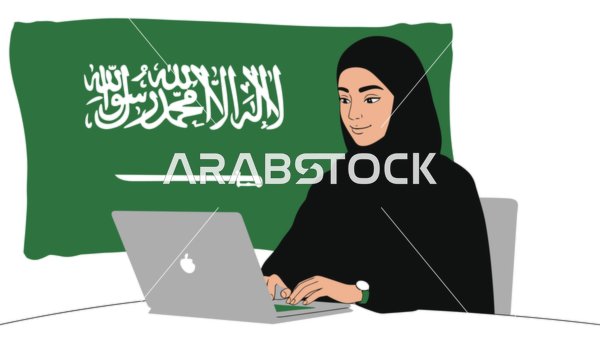 Using a modern and advanced technical device, working remotely, managing business and required tasks, a veiled Saudi Arabian Gulf woman using a laptop, white background, Illustrator vector