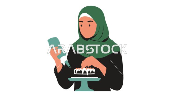 Foods rich in sugar and calories, enjoying delicious foods and sweets, taking care of one's appearance, cartoon of a veiled Saudi Arabian Gulf woman wearing an abaya holding a plate of sweets, white background, vector illustrator