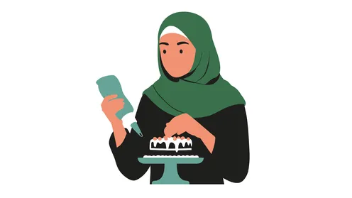 مأكولات غنية بالسكريات والسعرات الحرارية, الاستمتاع بالأطعمة اللذيذة والحلويات, الاهتمام بالمظهر الخارجي, رسوم كرتونية لشخصية امرأة عربية خليجية سعودية محجبة ترتدي العباءة تحمل بيدها طبق من الحلو, خلفية بيضاء, فيكتور اليستريتور