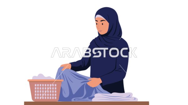 مفهوم التدبير المنزلي و القيام بالعمل الروتيني، القيام بالاعمال المنزلية، امرأة عربية خليجية سعودية محجبة ترتدي عباءة تقوم بترتيب المنزل, خلفية بيضاء، فيكتور اليستريتور